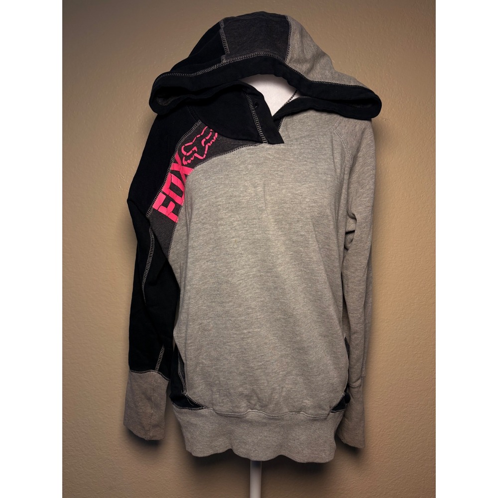 Y2K Fox Racing Colorblock Hoodie Grey Black Pink Logo Pullover Sweatshirt M #9